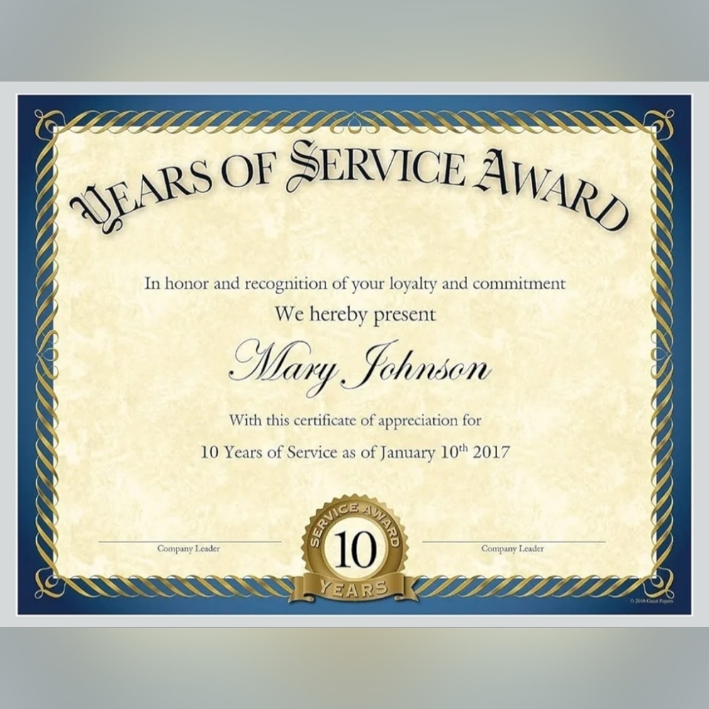 Great Papers! Years of Service Award Certificate